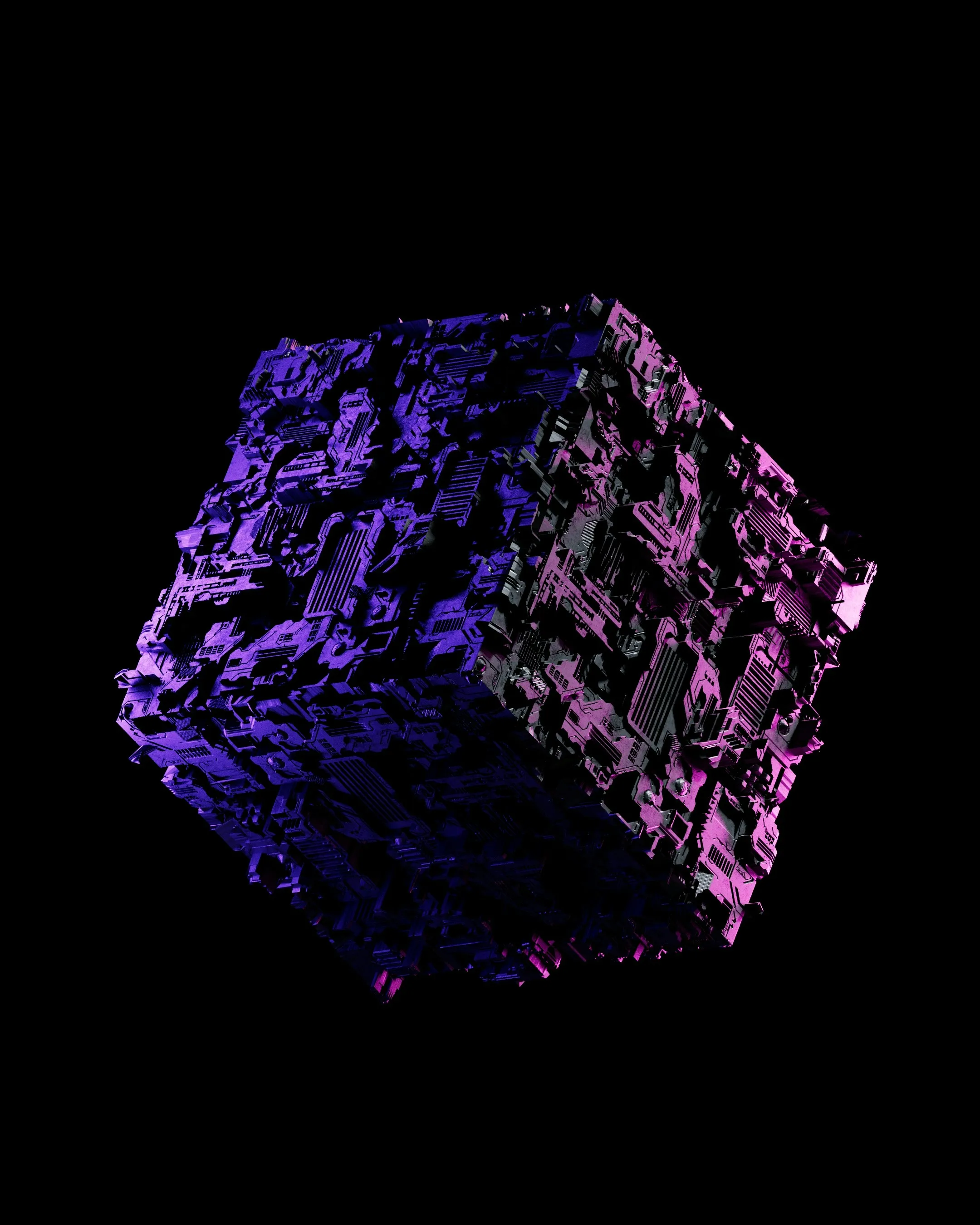 Cubo de circuitos en violeta y magenta sobre negro